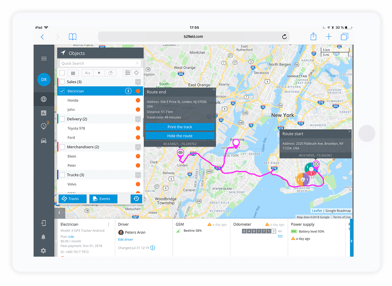 Field service engineers app with GPS tracking